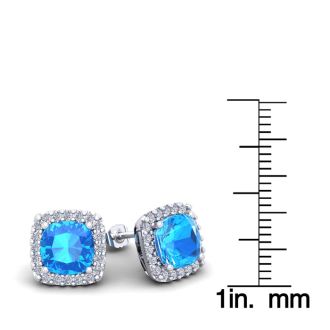 4 Carat Cushion Cut Blue Topaz and Halo Diamond Stud Earrings In 14 Karat White Gold