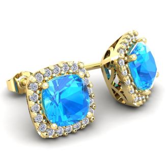 4 Carat Cushion Cut Blue Topaz and Halo Diamond Stud Earrings In 14 Karat Yellow Gold