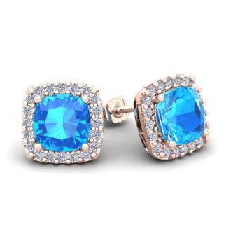 4 Carat Cushion Cut Blue Topaz and Halo Diamond Stud Earrings In 14 Karat Rose Gold