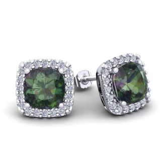 4 Carat Cushion Cut Mystic Topaz and Halo Diamond Stud Earrings In 14 Karat White Gold