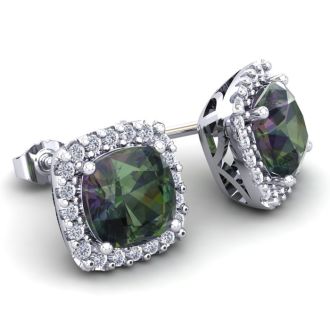 4 Carat Cushion Cut Mystic Topaz and Halo Diamond Stud Earrings In 14 Karat White Gold