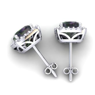 4 Carat Cushion Cut Mystic Topaz and Halo Diamond Stud Earrings In 14 Karat White Gold