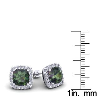 4 Carat Cushion Cut Mystic Topaz and Halo Diamond Stud Earrings In 14 Karat White Gold