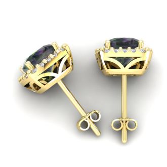 4 Carat Cushion Cut Mystic Topaz and Halo Diamond Stud Earrings In 14 Karat Yellow Gold