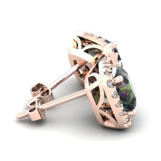 4 Carat Cushion Cut Mystic Topaz and Halo Diamond Stud Earrings In 14 Karat Rose Gold