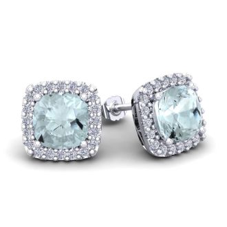 Aquamarine Earrings: Aquamarine Jewelry: 3 1/2 Carat Cushion Cut Aquamarine and Halo Diamond Stud Earrings In 14 Karat White Gold