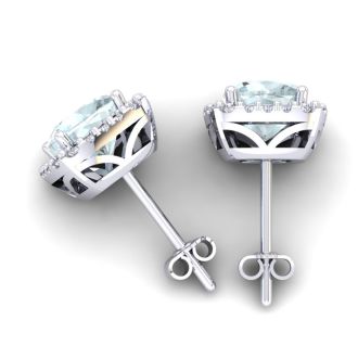 Aquamarine Earrings: Aquamarine Jewelry: 3 1/2 Carat Cushion Cut Aquamarine and Halo Diamond Stud Earrings In 14 Karat White Gold