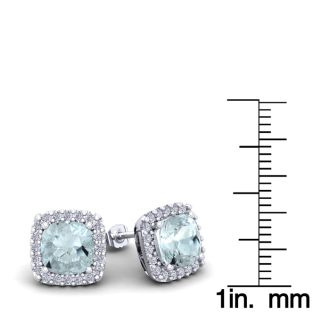 Aquamarine Earrings: Aquamarine Jewelry: 3 1/2 Carat Cushion Cut Aquamarine and Halo Diamond Stud Earrings In 14 Karat White Gold