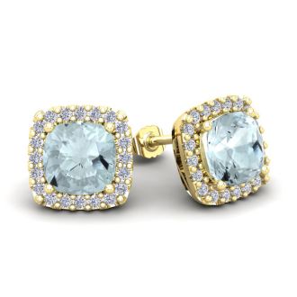 Aquamarine Earrings: Aquamarine Jewelry: 3 1/2 Carat Cushion Cut Aquamarine and Halo Diamond Stud Earrings In 14 Karat Yellow Gold