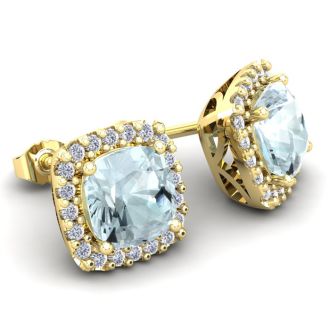 Aquamarine Earrings: Aquamarine Jewelry: 3 1/2 Carat Cushion Cut Aquamarine and Halo Diamond Stud Earrings In 14 Karat Yellow Gold