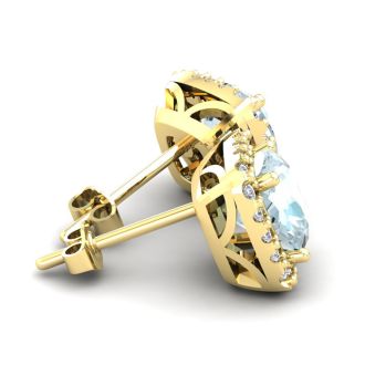 Aquamarine Earrings: Aquamarine Jewelry: 3 1/2 Carat Cushion Cut Aquamarine and Halo Diamond Stud Earrings In 14 Karat Yellow Gold