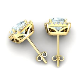 Aquamarine Earrings: Aquamarine Jewelry: 3 1/2 Carat Cushion Cut Aquamarine and Halo Diamond Stud Earrings In 14 Karat Yellow Gold
