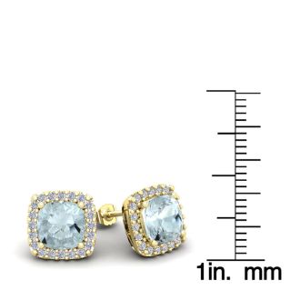 Aquamarine Earrings: Aquamarine Jewelry: 3 1/2 Carat Cushion Cut Aquamarine and Halo Diamond Stud Earrings In 14 Karat Yellow Gold