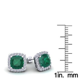 3 1/2 Carat Cushion Cut Emerald and Halo Diamond Stud Earrings In 14 Karat White Gold