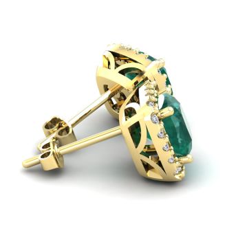 3 1/2 Carat Cushion Cut Emerald and Halo Diamond Stud Earrings In 14 Karat Yellow Gold