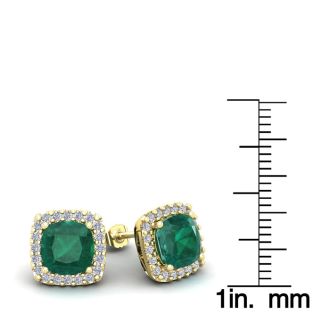 3 1/2 Carat Cushion Cut Emerald and Halo Diamond Stud Earrings In 14 Karat Yellow Gold