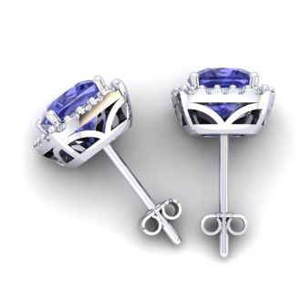 3 1/2 Carat Cushion Cut Tanzanite and Halo Diamond Stud Earrings In 14 Karat White Gold