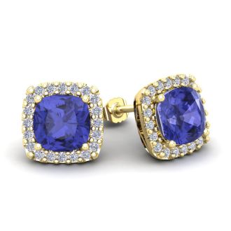 3 1/2 Carat Cushion Cut Tanzanite and Halo Diamond Stud Earrings In 14 Karat White Gold
