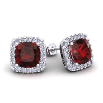 Garnet Earrings: Garnet Jewelry: 3 1/2 Carat Cushion Cut Garnet and Halo Diamond Stud Earrings In 14 Karat White Gold