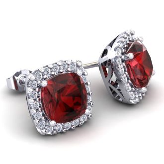 Garnet Earrings: Garnet Jewelry: 3 1/2 Carat Cushion Cut Garnet and Halo Diamond Stud Earrings In 14 Karat White Gold