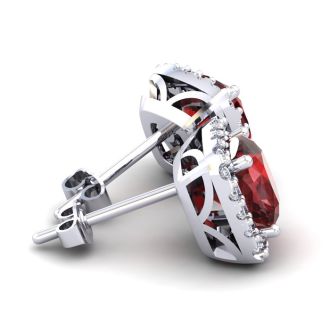 Garnet Earrings: Garnet Jewelry: 3 1/2 Carat Cushion Cut Garnet and Halo Diamond Stud Earrings In 14 Karat White Gold
