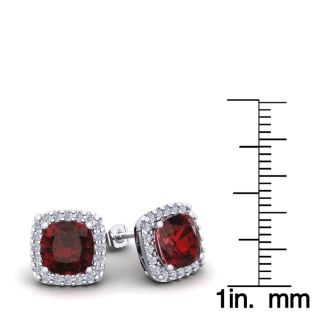 Garnet Earrings: Garnet Jewelry: 3 1/2 Carat Cushion Cut Garnet and Halo Diamond Stud Earrings In 14 Karat White Gold