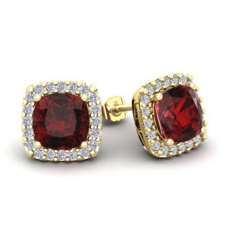 Garnet Earrings: Garnet Jewelry: 3 1/2 Carat Cushion Cut Garnet and Halo Diamond Stud Earrings In 14 Karat Yellow Gold