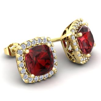 Garnet Earrings: Garnet Jewelry: 3 1/2 Carat Cushion Cut Garnet and Halo Diamond Stud Earrings In 14 Karat Yellow Gold