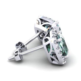 3 1/2 Carat Cushion Cut Green Amethyst and Halo Diamond Stud Earrings In 14 Karat White Gold