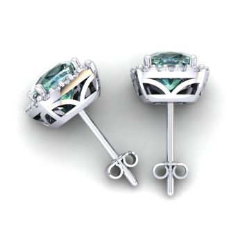 3 1/2 Carat Cushion Cut Green Amethyst and Halo Diamond Stud Earrings In 14 Karat White Gold