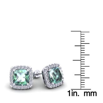 3 1/2 Carat Cushion Cut Green Amethyst and Halo Diamond Stud Earrings In 14 Karat White Gold