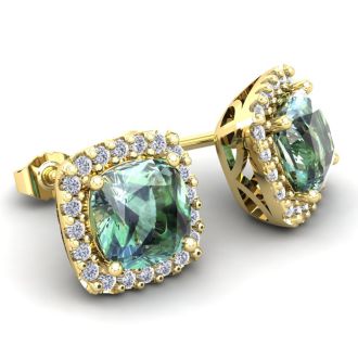 3 1/2 Carat Cushion Cut Green Amethyst and Halo Diamond Stud Earrings In 14 Karat Yellow Gold