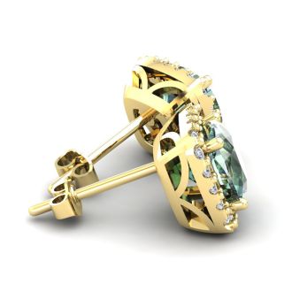 3 1/2 Carat Cushion Cut Green Amethyst and Halo Diamond Stud Earrings In 14 Karat Yellow Gold