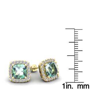 3 1/2 Carat Cushion Cut Green Amethyst and Halo Diamond Stud Earrings In 14 Karat Yellow Gold