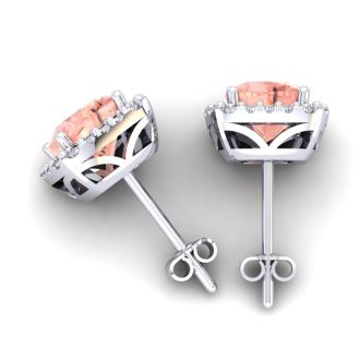 3-1/2 Carat Cushion Shape Morganite Earrings and Diamond Halo In 14 Karat White Gold