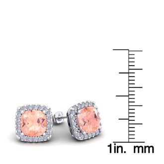3-1/2 Carat Cushion Shape Morganite Earrings and Diamond Halo In 14 Karat White Gold
