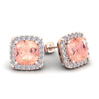 3-1/2 Carat Cushion Shape Morganite Earrings and Diamond Halo In 14 Karat Rose Gold