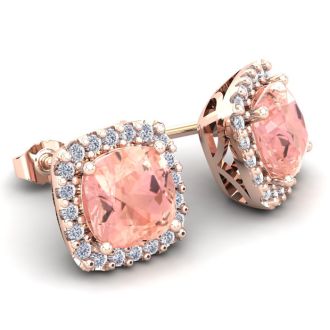 3-1/2 Carat Cushion Shape Morganite Earrings and Diamond Halo In 14 Karat Rose Gold