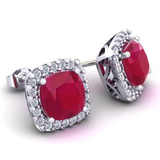 4 Carat Cushion Cut Ruby and Halo Diamond Stud Earrings In 14 Karat White Gold