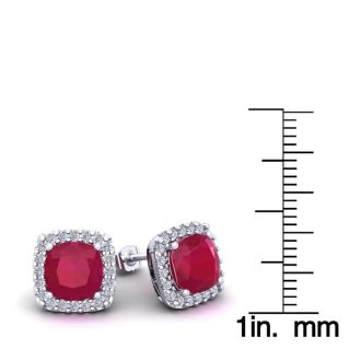 4 Carat Cushion Cut Ruby and Halo Diamond Stud Earrings In 14 Karat White Gold