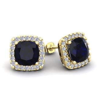 4 Carat Cushion Cut Sapphire and Halo Diamond Stud Earrings In 14 Karat Yellow Gold
