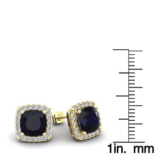 4 Carat Cushion Cut Sapphire and Halo Diamond Stud Earrings In 14 Karat Yellow Gold