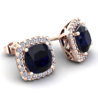 4 Carat Cushion Cut Sapphire and Halo Diamond Stud Earrings In 14 Karat Rose Gold
