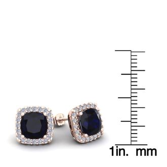 4 Carat Cushion Cut Sapphire and Halo Diamond Stud Earrings In 14 Karat Rose Gold