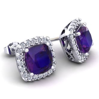 4 3/4 Carat Cushion Cut Amethyst and Halo Diamond Stud Earrings In 14 Karat White Gold