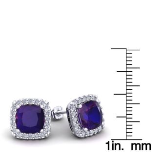 4 3/4 Carat Cushion Cut Amethyst and Halo Diamond Stud Earrings In 14 Karat White Gold
