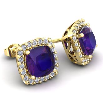 4 3/4 Carat Cushion Cut Amethyst and Halo Diamond Stud Earrings In 14 Karat Yellow Gold