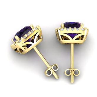 4 3/4 Carat Cushion Cut Amethyst and Halo Diamond Stud Earrings In 14 Karat Yellow Gold