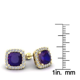 4 3/4 Carat Cushion Cut Amethyst and Halo Diamond Stud Earrings In 14 Karat Yellow Gold