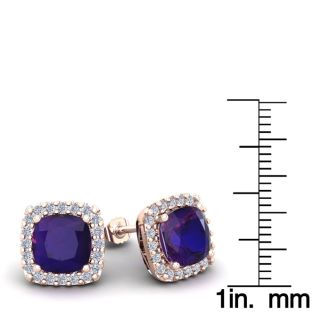 4 3/4 Carat Cushion Cut Amethyst and Halo Diamond Stud Earrings In 14 Karat Rose Gold